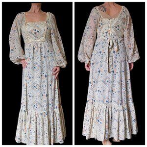 70s Floral Prairie Dress Sheer Long Sleeves Cream Square Neckline Sz 8‎  Cottage